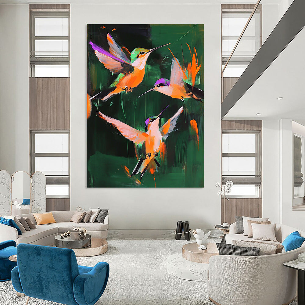 Colorful Hummingbirds Abstract Painting of Lively Vitality GAB0148