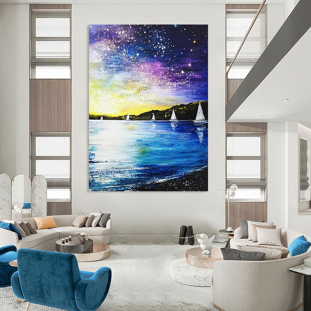 Starry Night Sailboats Abstract Painting for Lakeside Retreats GAB1268