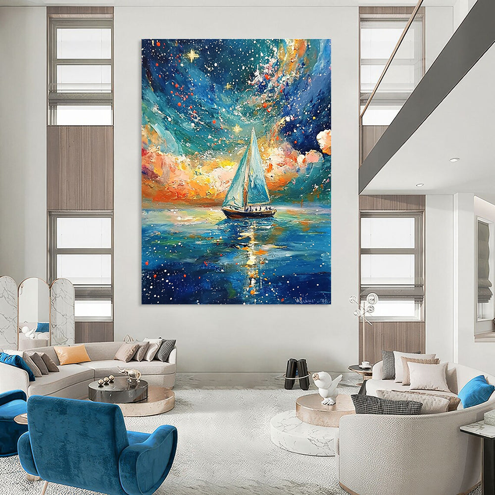 Sailboat Under Starry Sky Dreamy Maritime Abstract Painting GAB0354