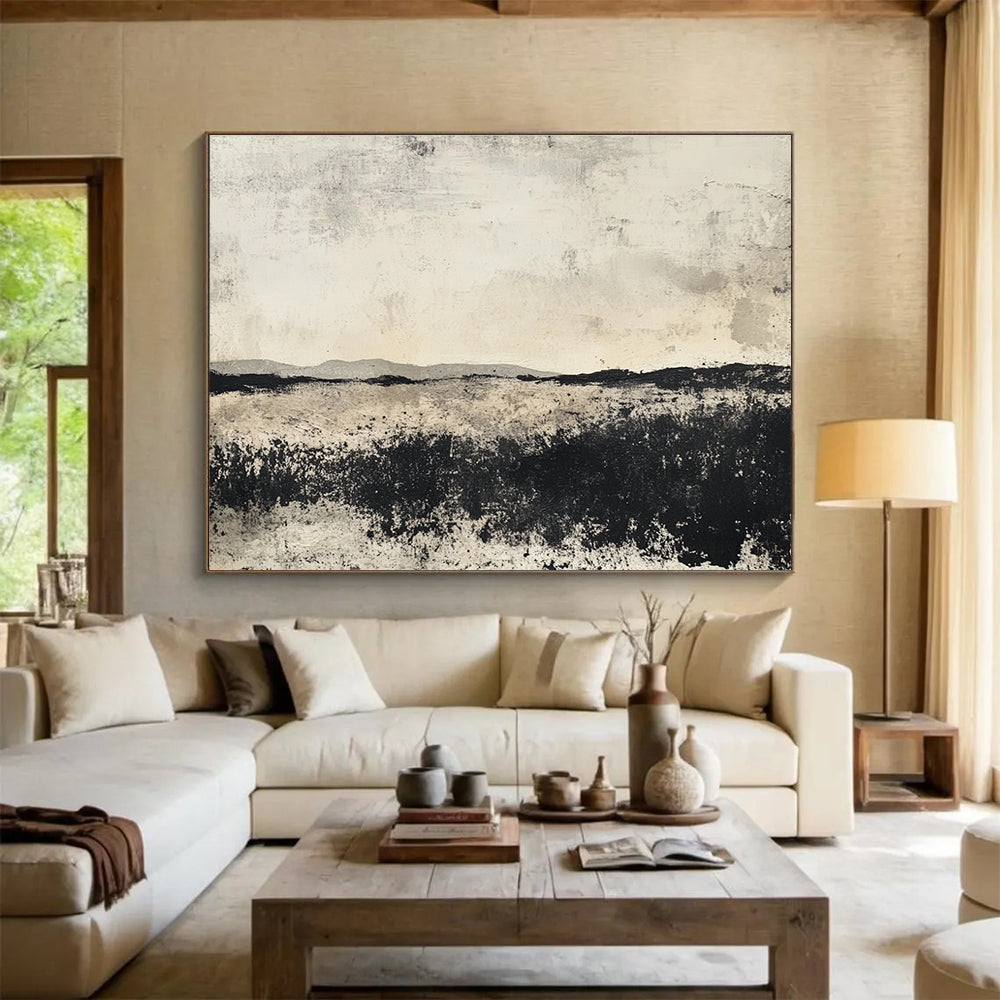 Grayscale Landscape: Textured Fields and Distant Hills Abstract Painting ABS176