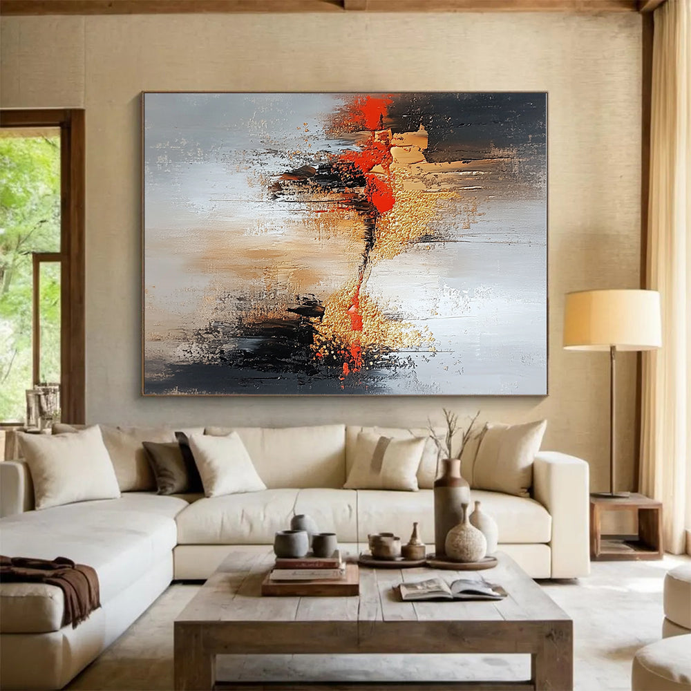 Gray Gold Red Abstract Painting with Dramatic Contrast WINK556