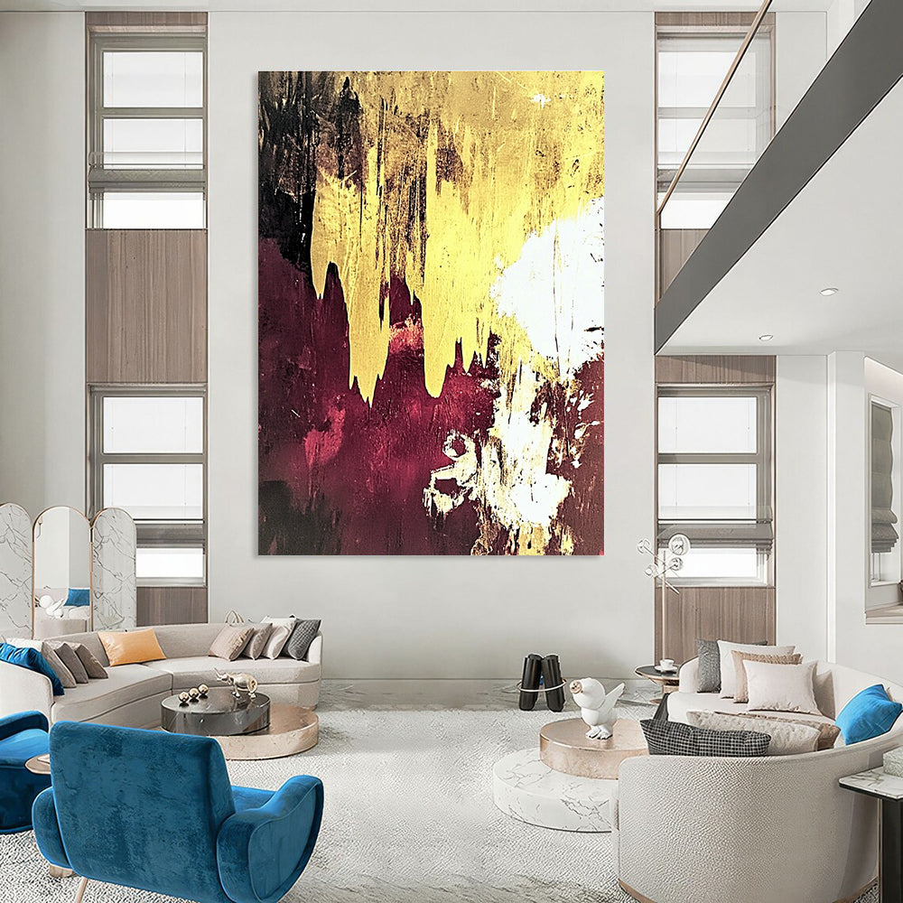 Gold Drip on Maroon Abstract Painting for Opulent Lounges GAB0764