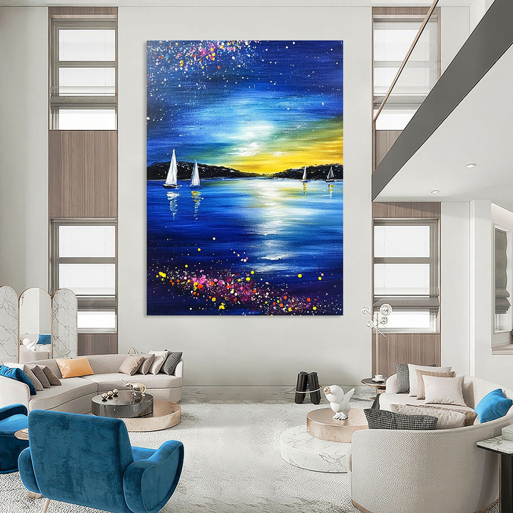 Starry Night Seaside Abstract Painting for Coastal - Themed Living Rooms GAB1015
