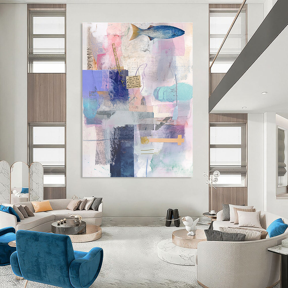 Fish and Text Collage Narrative Mixed Media Abstract Painting GAB0249