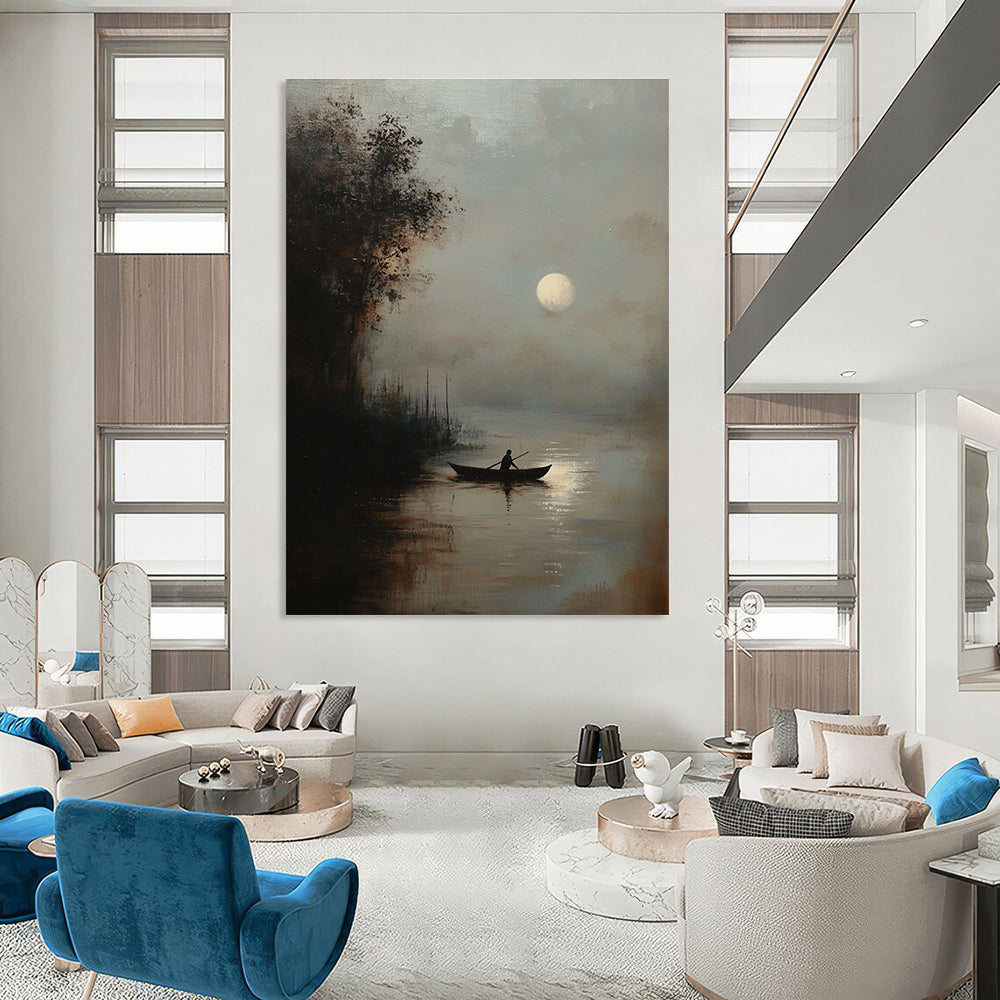 Moonlit Boat Atmospheric Abstract Painting for Rustic - Themed Inns GAB1338