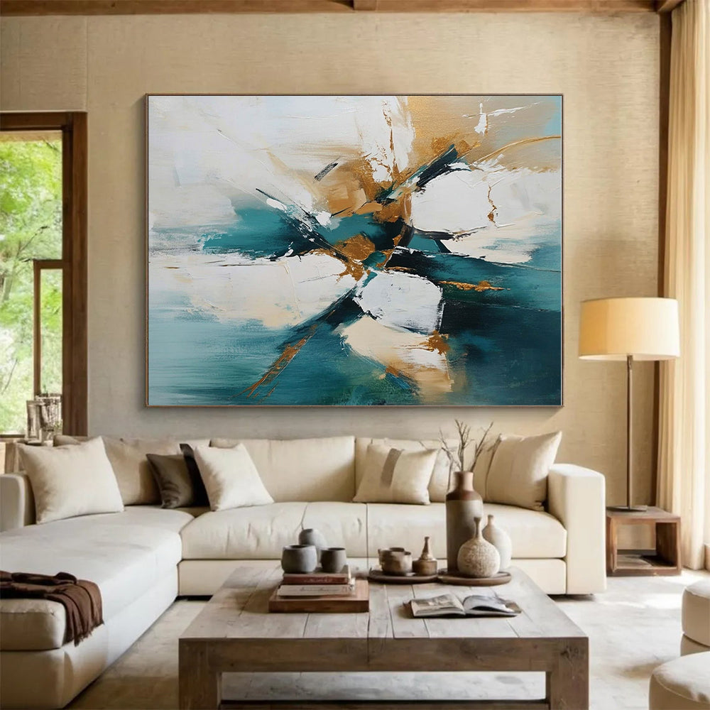 Teal Gold Abstract Composition Painting with Opulent Accents WINK682