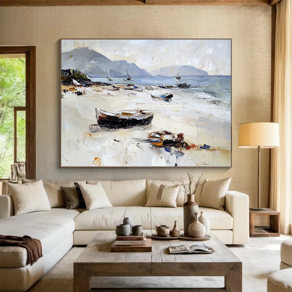 Beach with Beached Boats Abstract Painting with Casual Coastal Charm ABS602