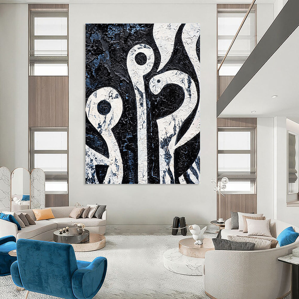 Black and White Organic Shapes Abstract Painting with Textured Surfaces GAB0056