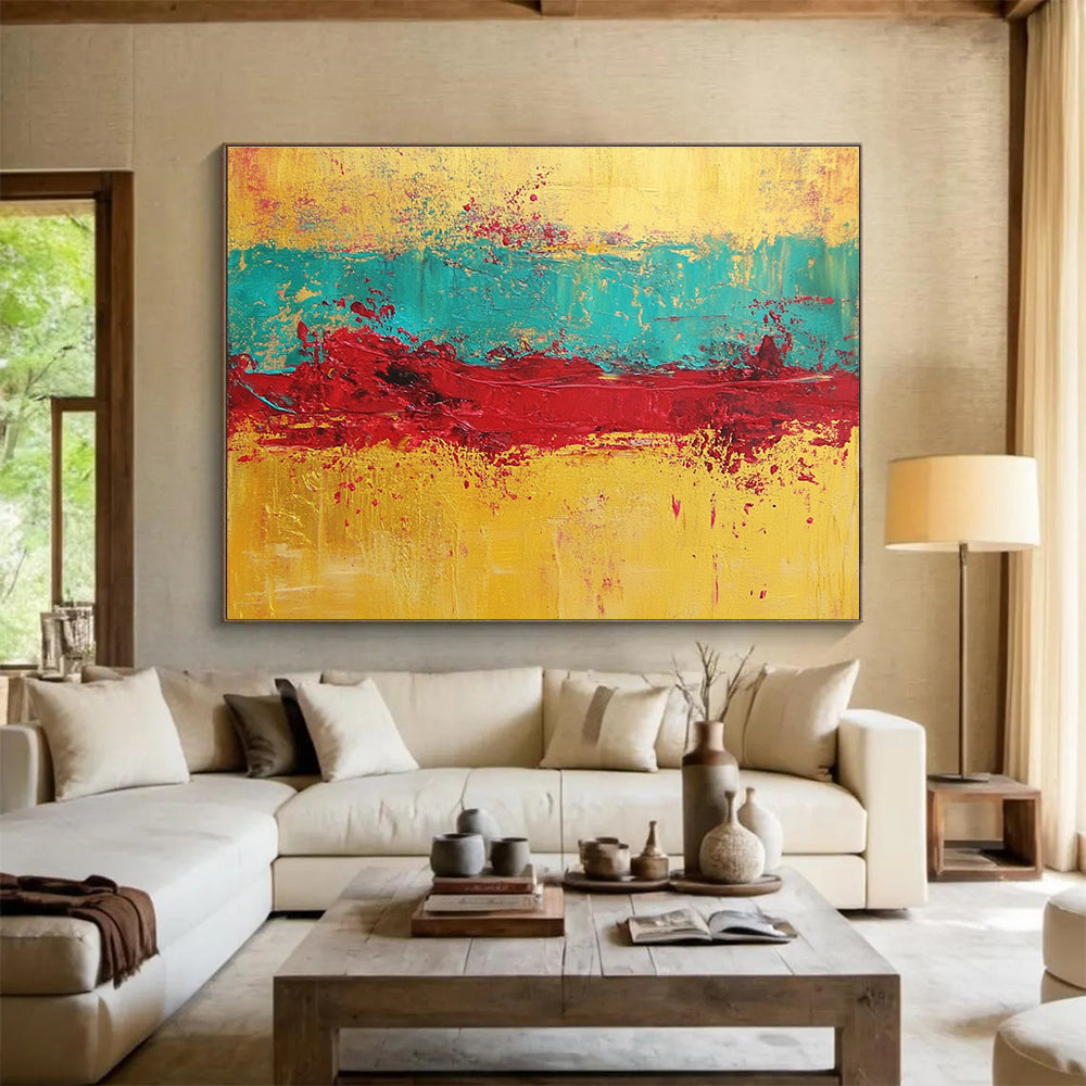 Yellow, Blue, and Red Abstract Painting with Textured Layers ABS428