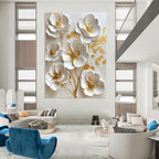 3D White and Gold Flowers Opulent Abstract Painting for Lavish Interiors GAB1529