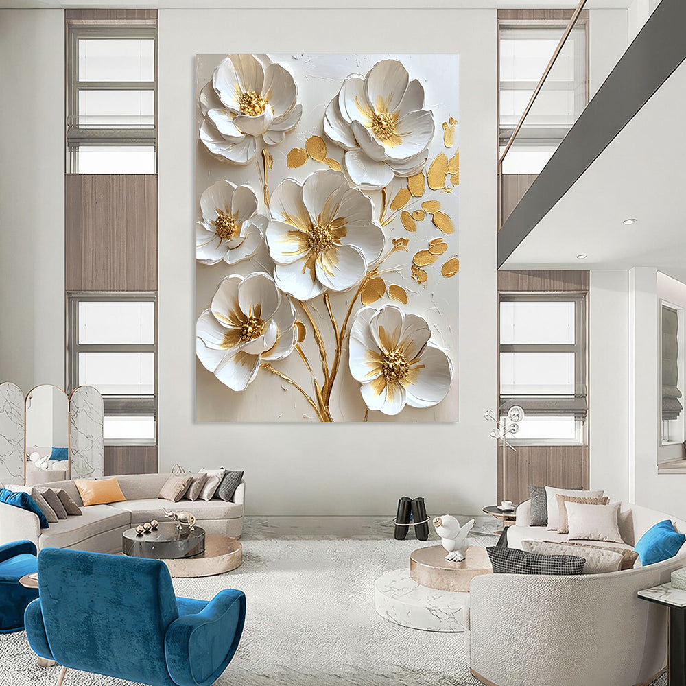 3D White and Gold Flowers Opulent Abstract Painting for Lavish Interiors GAB1529