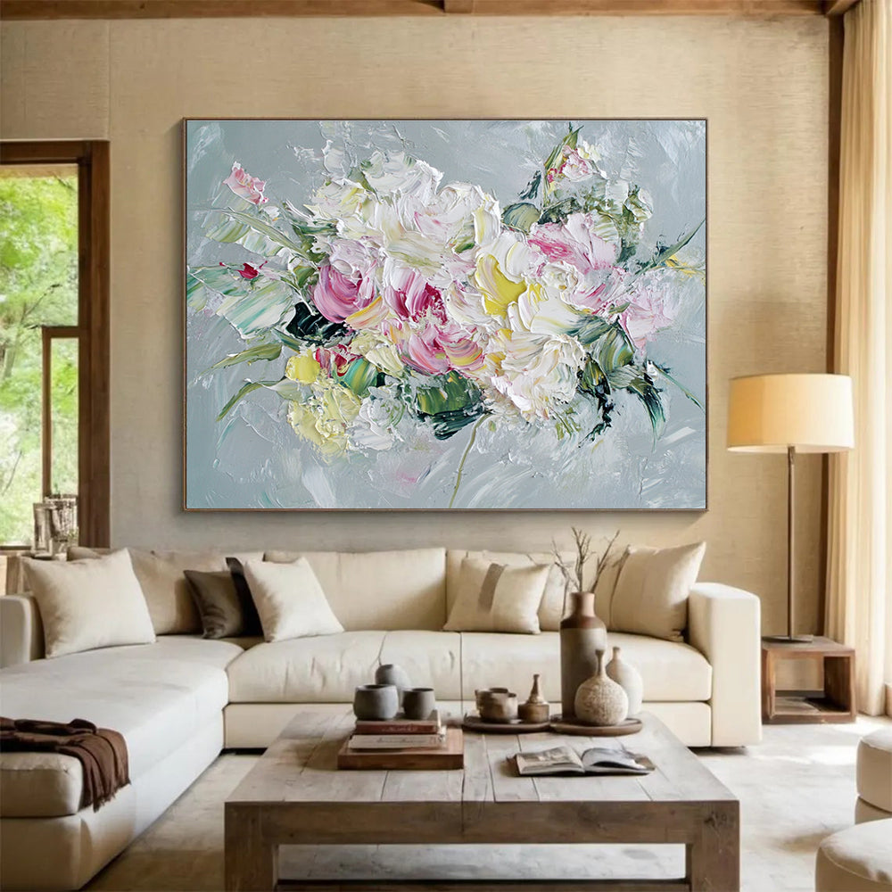 White and Pink Flower Bouquet Abstract Painting with Impasto ABS284