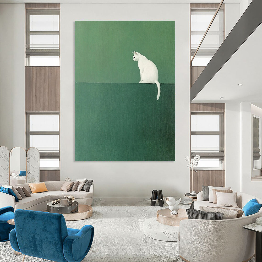 White Cat on Green - Minimalist Animal Art GAB0405