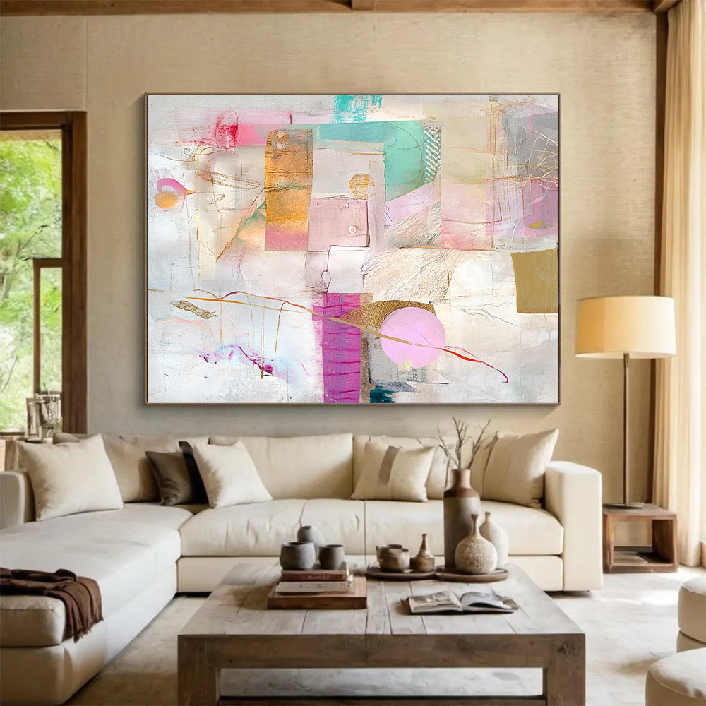 Gold Accent Pastel Collage Abstract Painting with Subtle Glamour WINK206