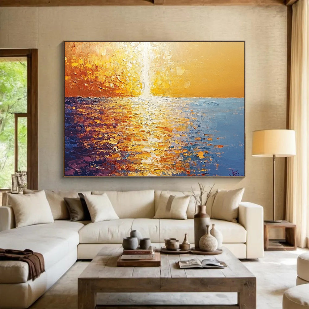 Golden Sunset Sea Abstract Painting with Rich Textures ABS264