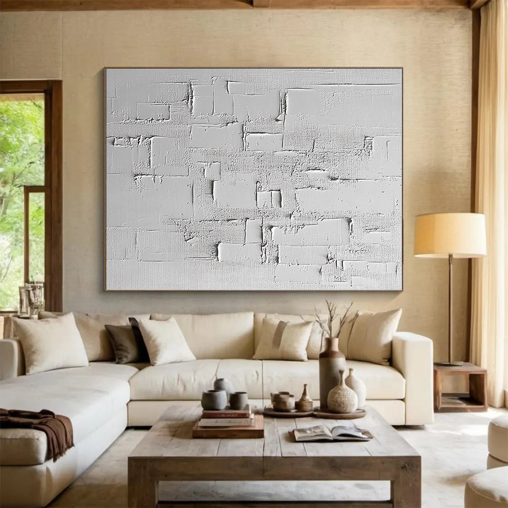 White Textured Rectangular Assemblage Painting with Minimalist Depth WINK063