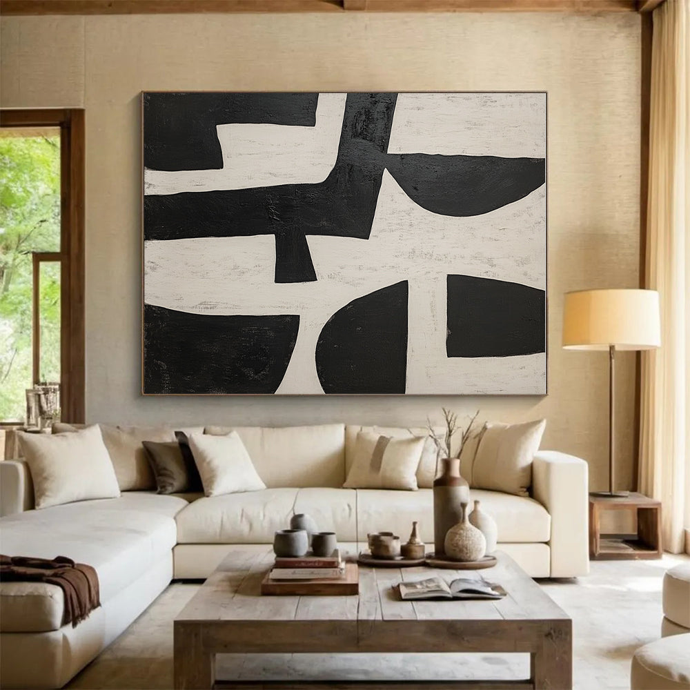 Black and White Geometric Interplay Abstract Painting with Bold Simplicity WINK238