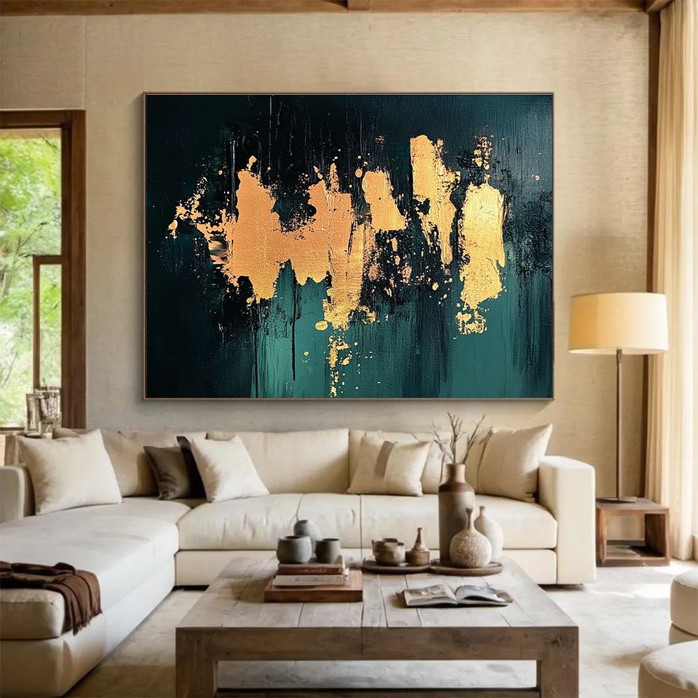 Gold Splash on Green Abstract Painting with Luxurious Accents ABS418