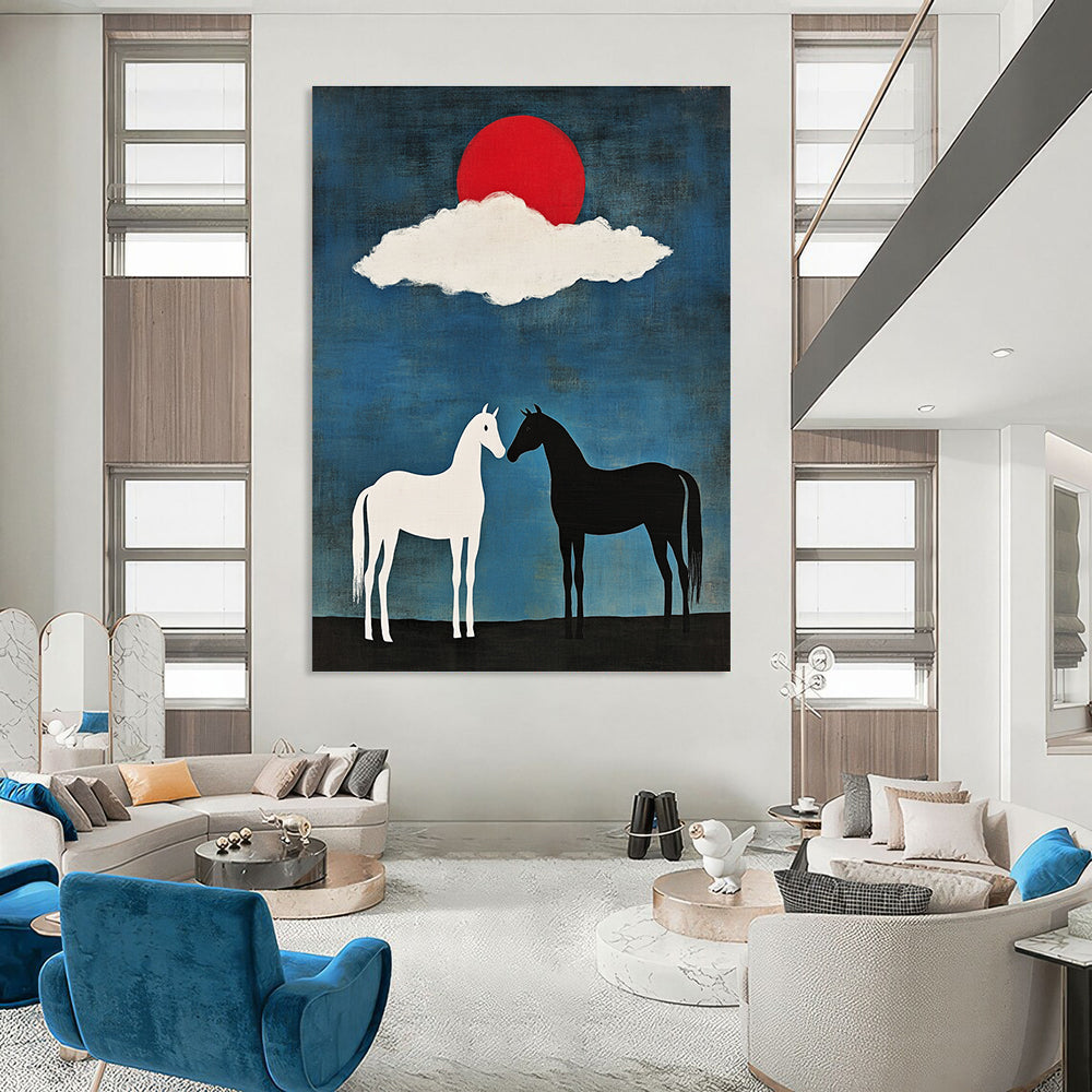 Symbolic Black and White Horses Under Red Sun Abstract Painting GAB0035