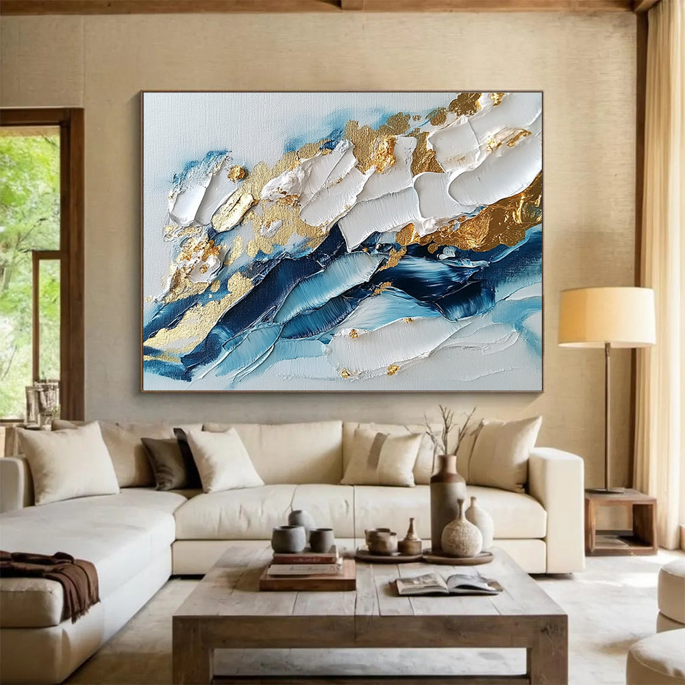 Blue - White - Gold Abstract Painting with Textured Impasto ABS260