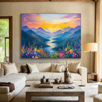 Sunset Mountain River Abstract Painting for Nature - Lover Bedrooms YHT414