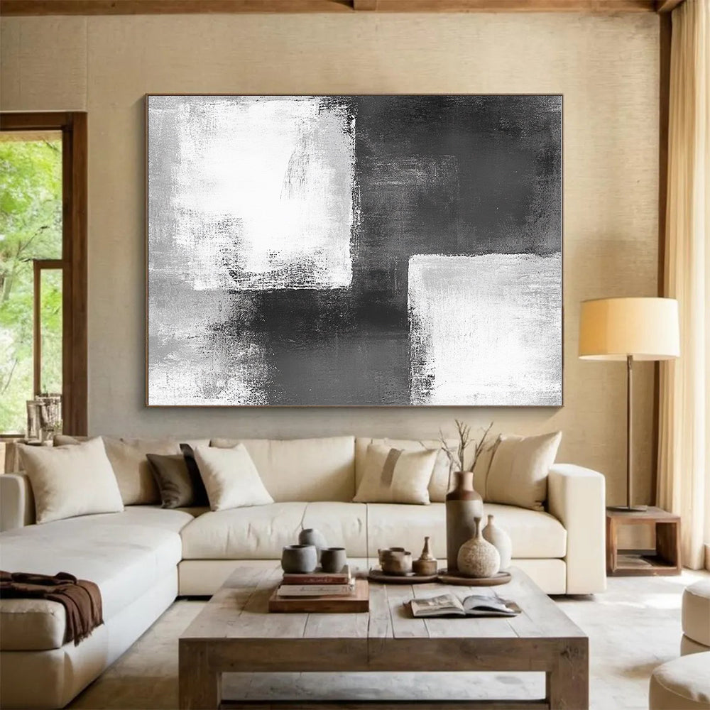 Black - White Abstract Squares Painting with Geometric Intrigue WINK421