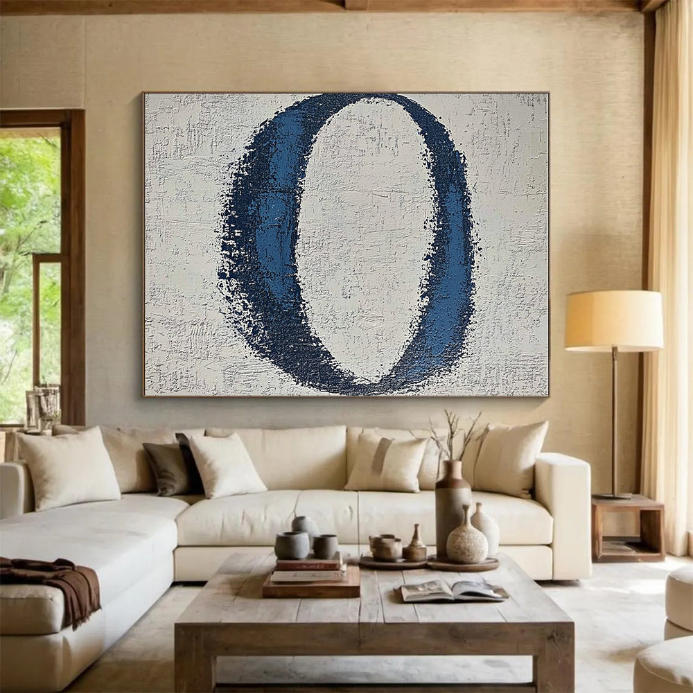 Blue Oval on Textured White Abstract Painting with Tactile Simplicity WINK024