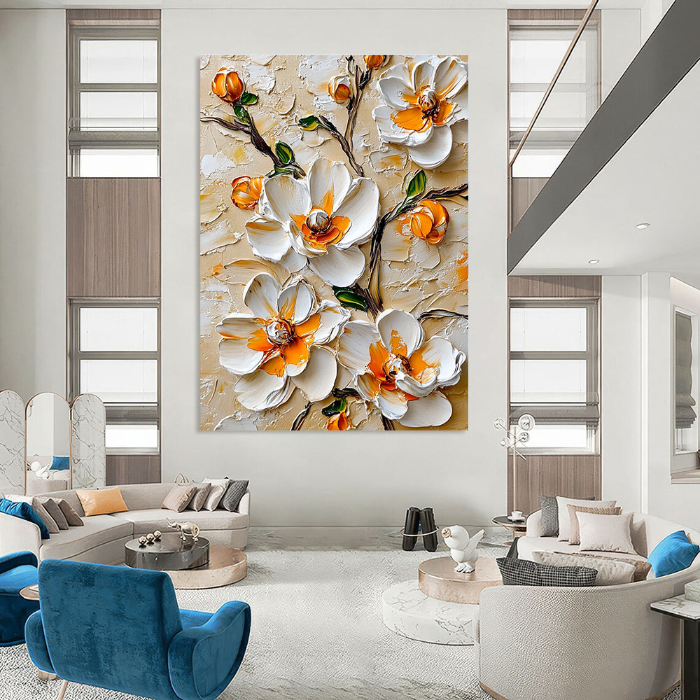 3D White Flowers with Orange Centers Textured Abstract Painting for Elegant Spaces GAB1442