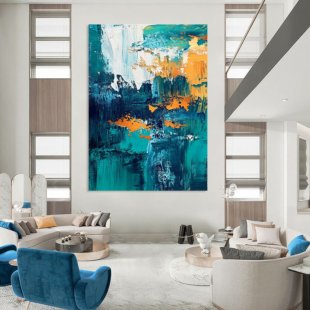Teal and Gold Abstract Composition Painting for Coastal - Inspired Residences GAB1168