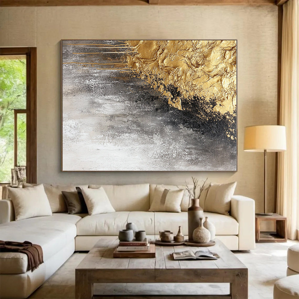 Black Gold Gray Abstract Painting with Dramatic Contrast WINK645