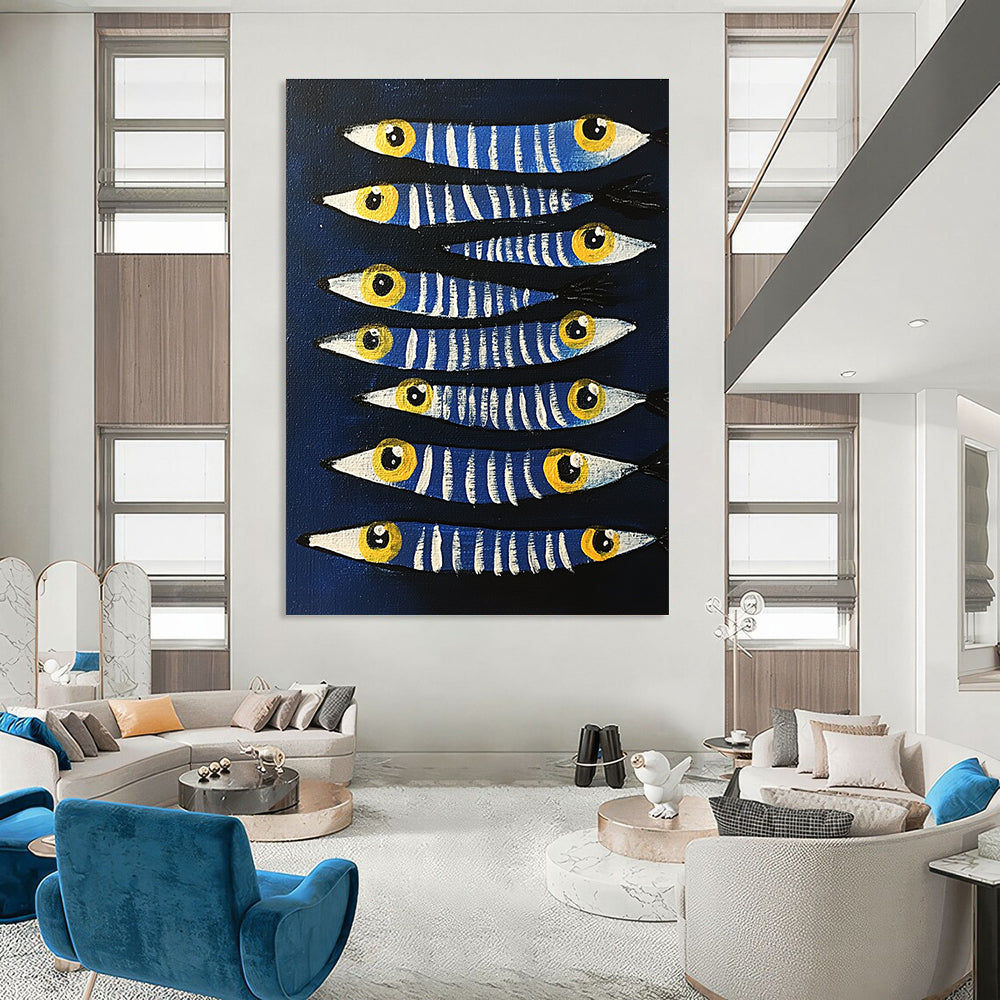 Blue Striped Fish Whimsical Marine Abstract Painting GAB0331