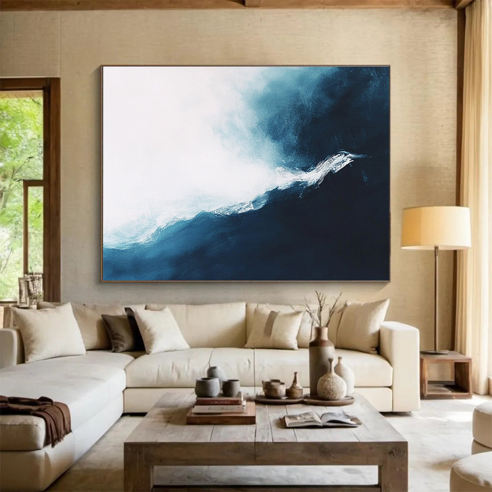 Dynamic Blue - White Wave with Textured Movement Abstract Painting ABS338