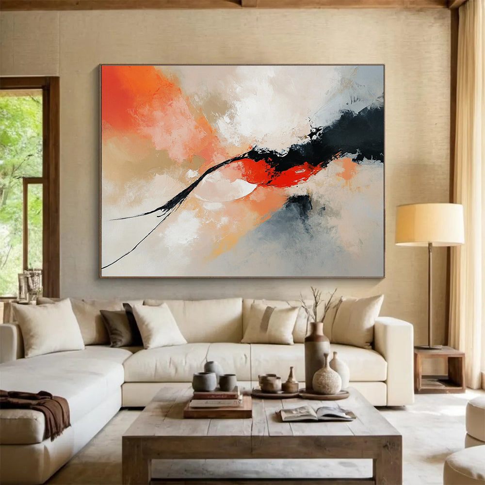 Orange and Black Abstract Painting with Dynamic Forms ABS424