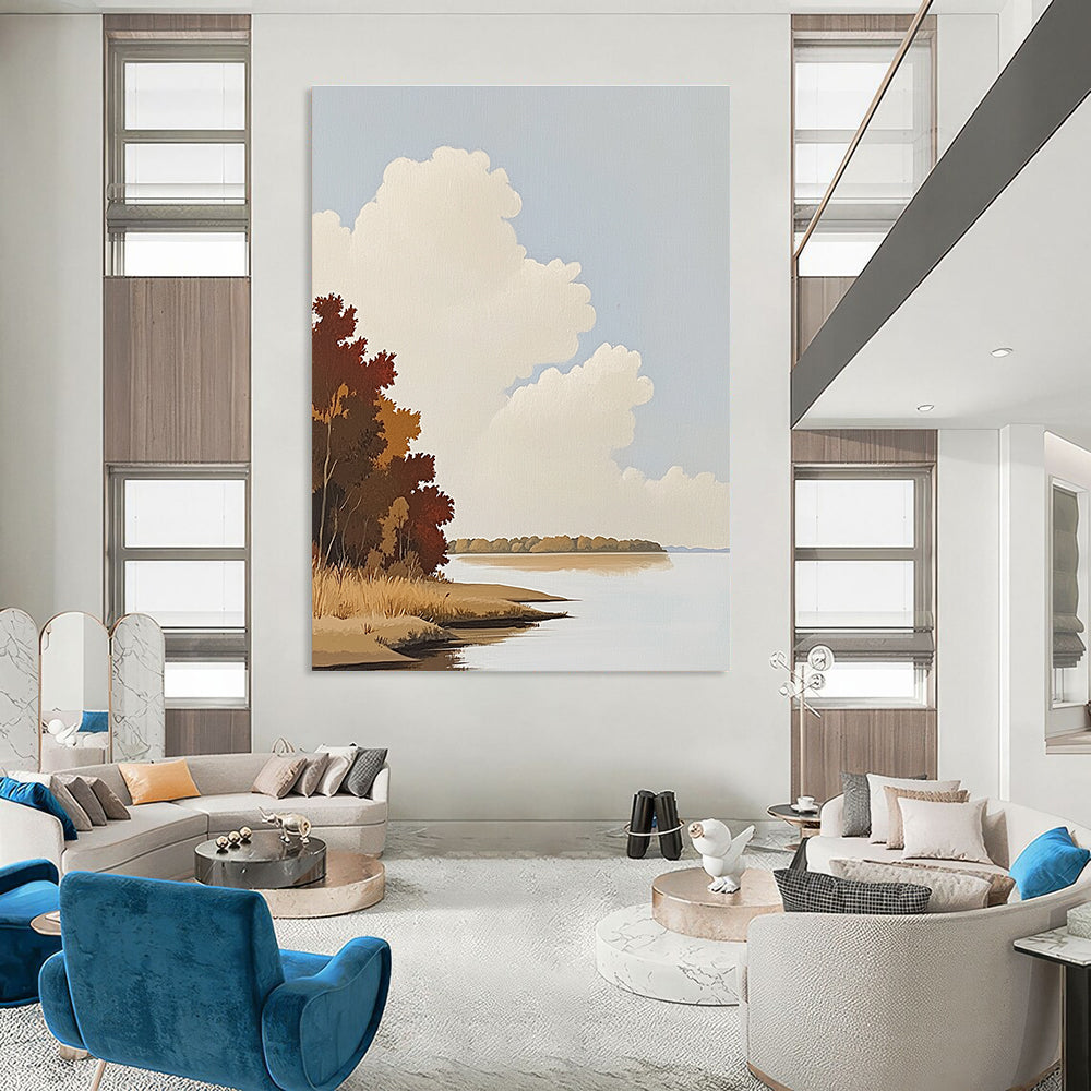 Serene Lake and Clouds Abstract Painting of Calm Nature GAB0155