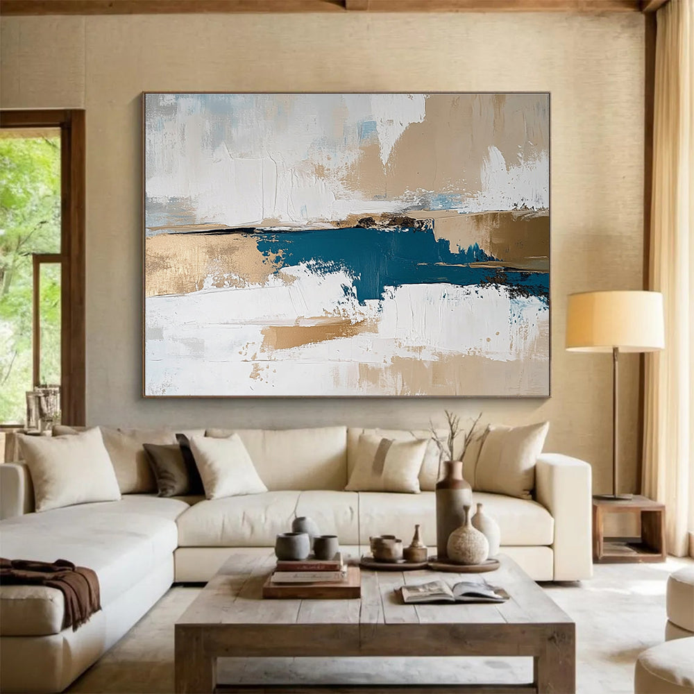 Blue, Gold, and White Abstract Painting with Layered Textural Elegance ABS471