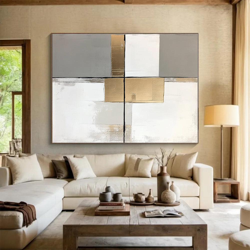 Gray Gold White Abstract Painting with Clean Lines WINK649
