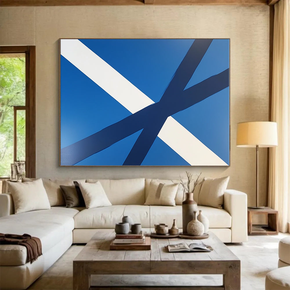 Blue and White Crossed Stripes Abstract Painting with Clean Geometry WINK023