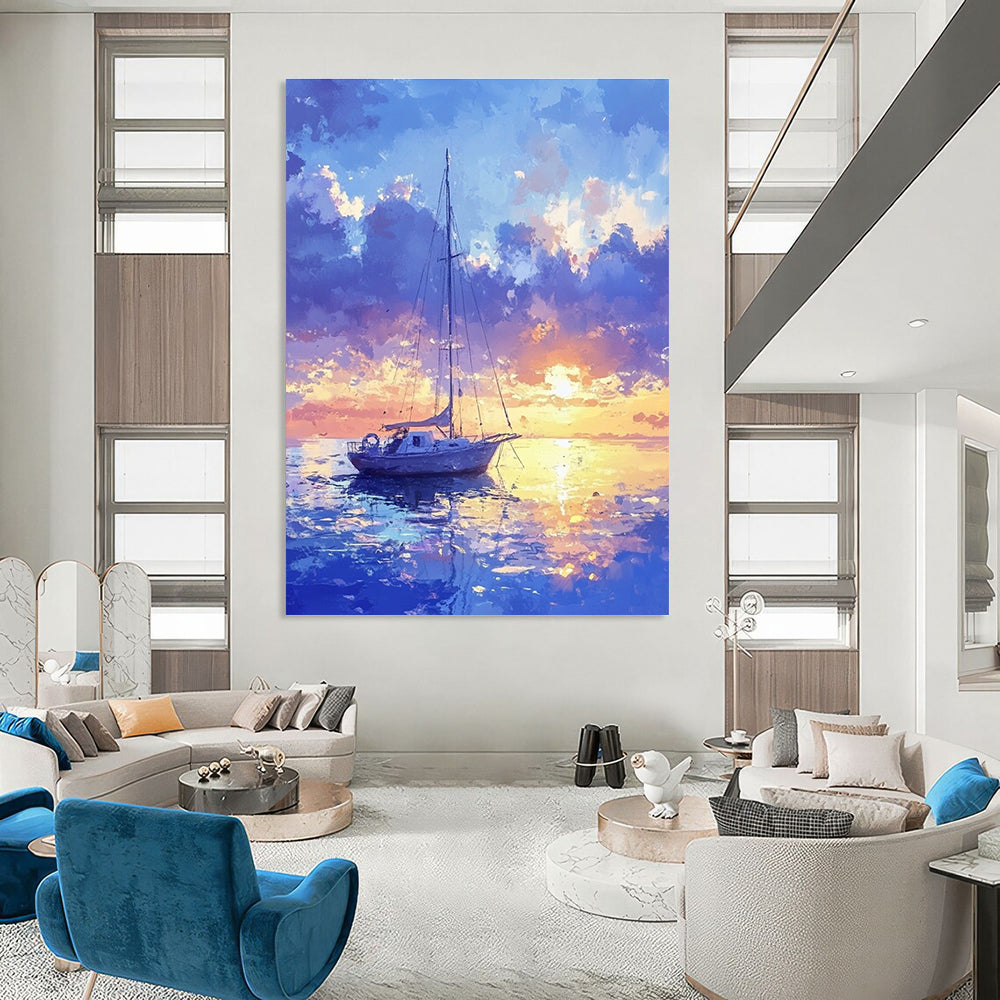 Sailboat at Sunset Romantic Coastal Abstract Painting GAB0330