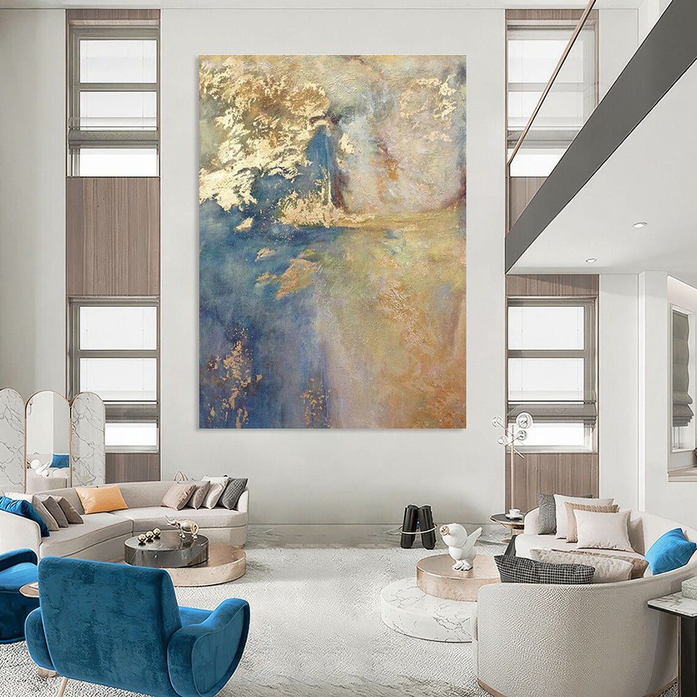 Blue and Gold Abstract Landscape Painting for Elegant Dining Rooms HENG518
