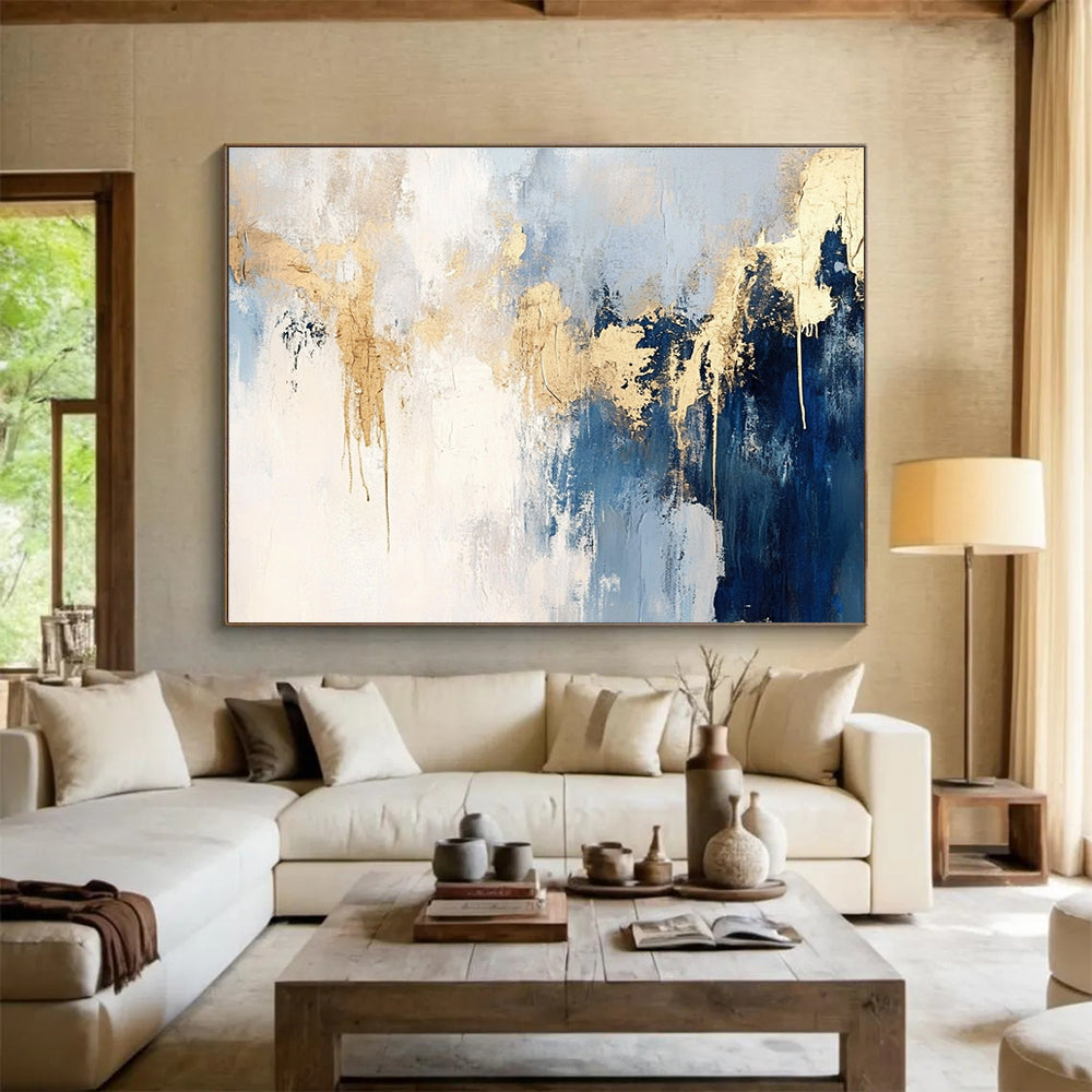 Blue - Gold Drip Abstract Expressionist Painting ABS182