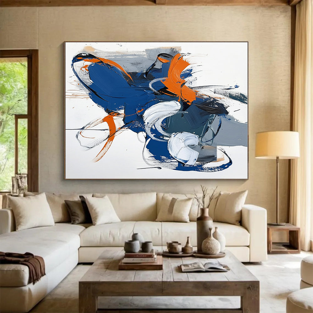 Blue Orange White Abstract Painting with Playful Brushstrokes WINK595