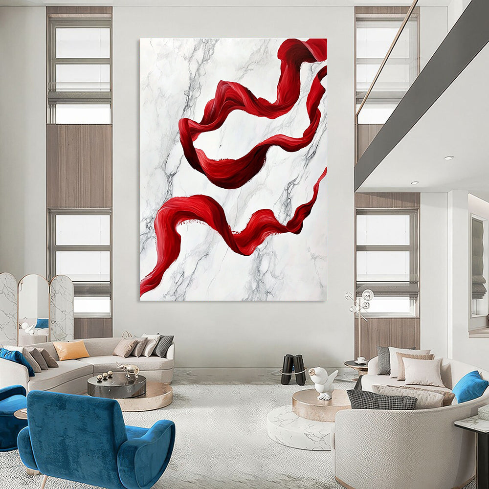 Red Ribbon on Marble Abstract Painting for Luxurious Spaces GAB1459