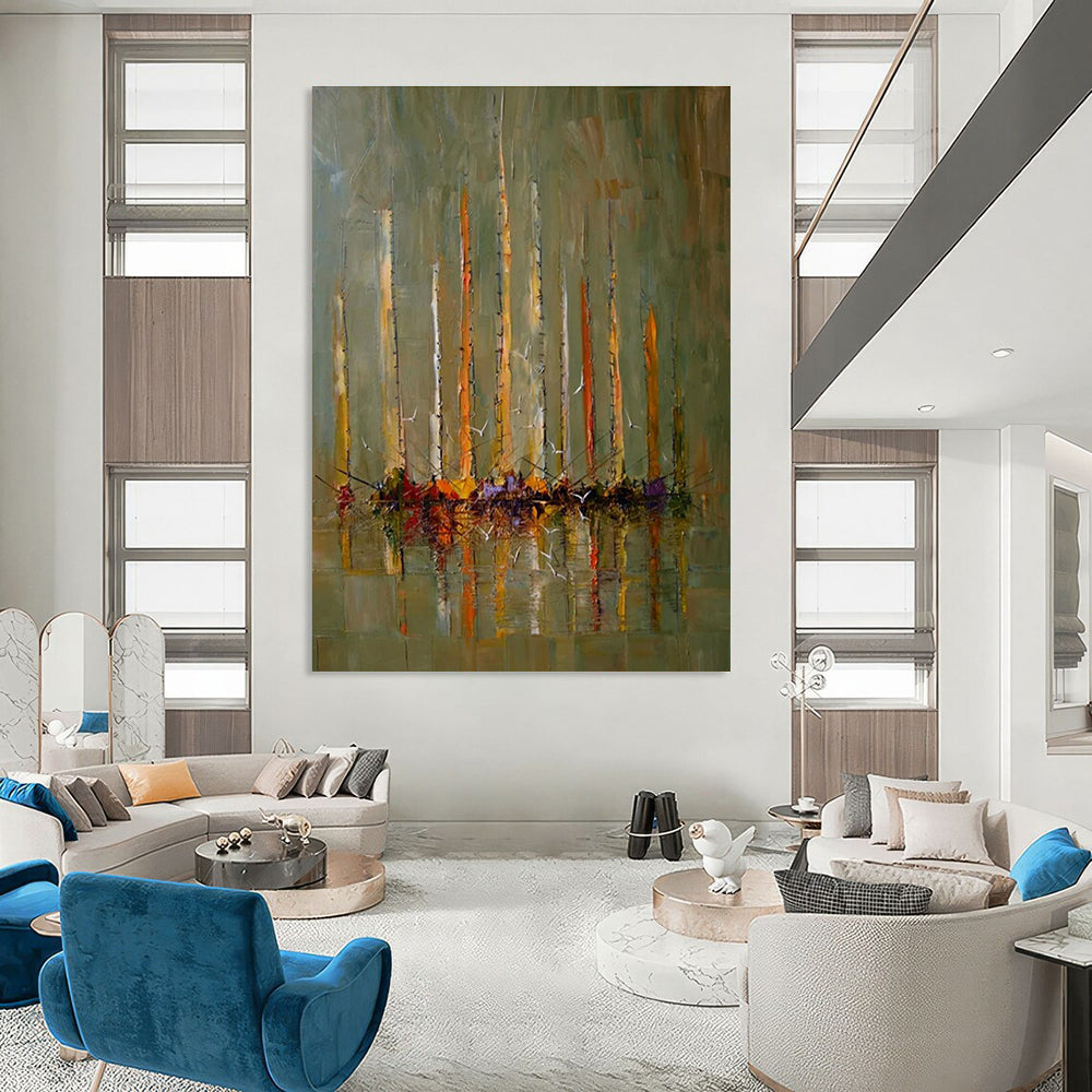 Sailboats on Calm Water Abstract Painting for Nautical - Inspired Spaces HENG330