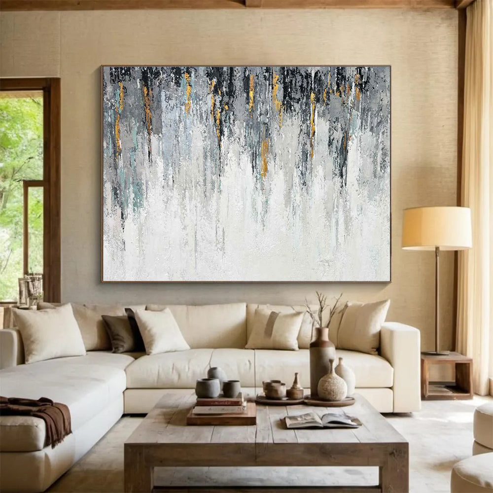 Gray and Gold Drip Abstract Painting for Sophisticated Office Reception Areas YHT277