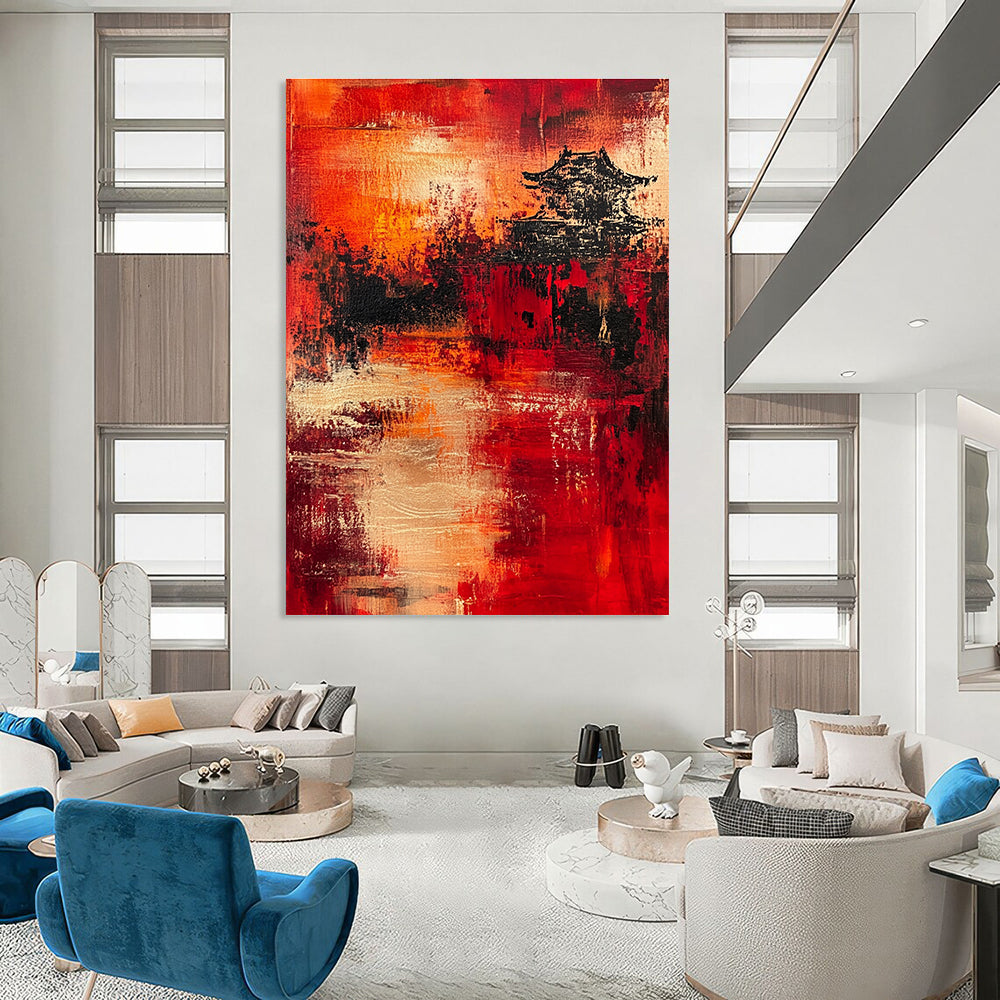 Cultural Red - Black Pagoda Abstract Painting: Heritage Meets Modern Art GAB0956