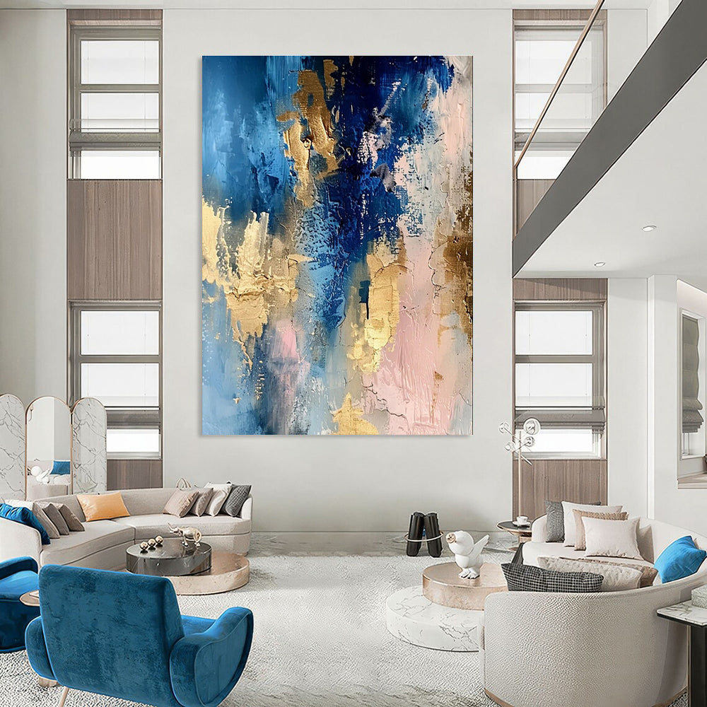 Blue - Gold - Pink Abstract Fusion Painting for Art Deco Living Spaces HENG072