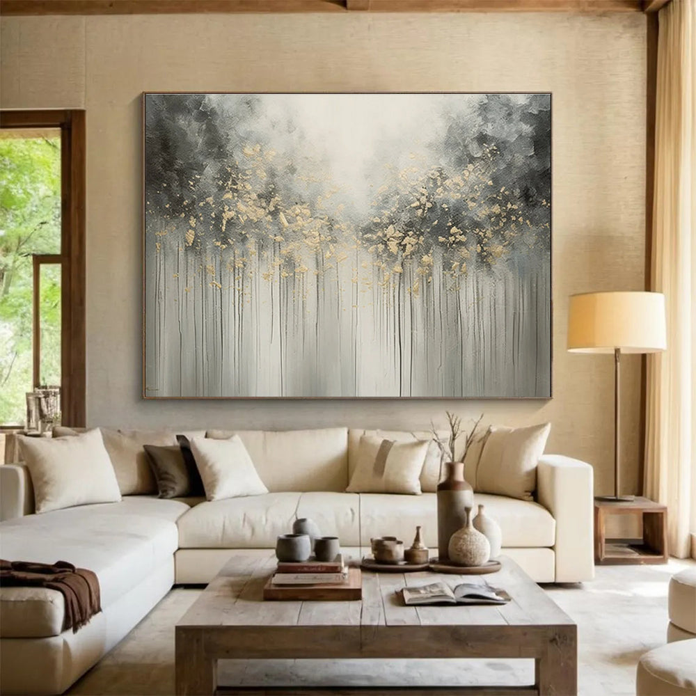 Gray and Gold Dripping Trees Abstract Painting for Elegant Living Rooms YHT320