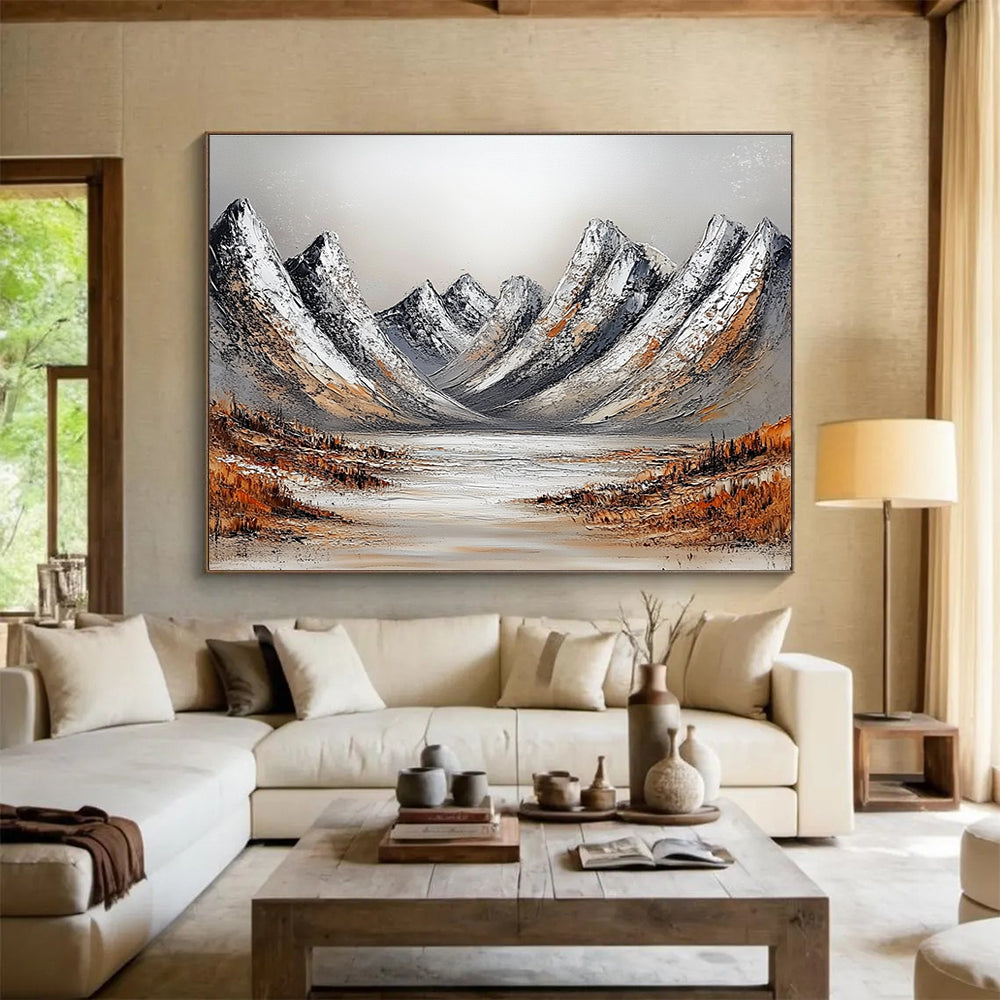Snowy Mountains with Lake Abstract Painting with Frosty Serenity ABS608