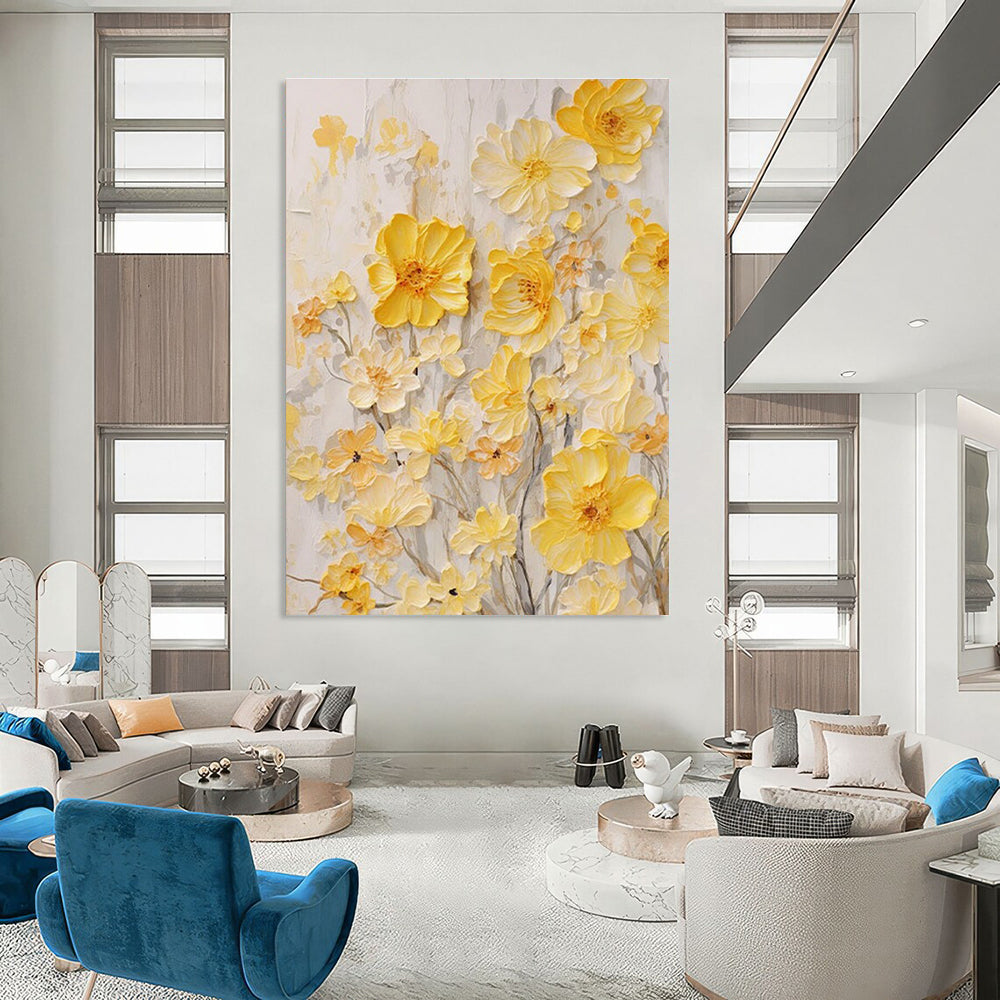 Delicate Textured Yellow Flowers Painting for Serene Interiors HENG289