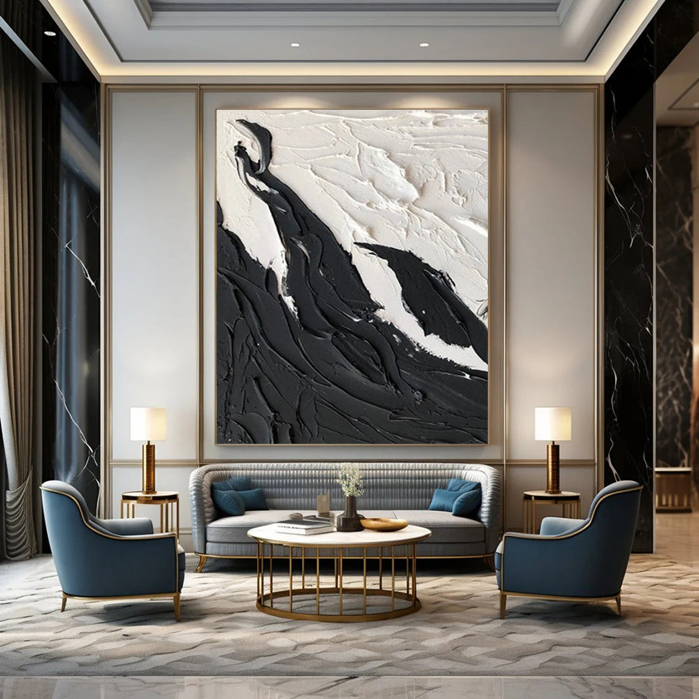 Black - White Textured Landscape Abstract Painting for Minimalist Bedrooms HENG395